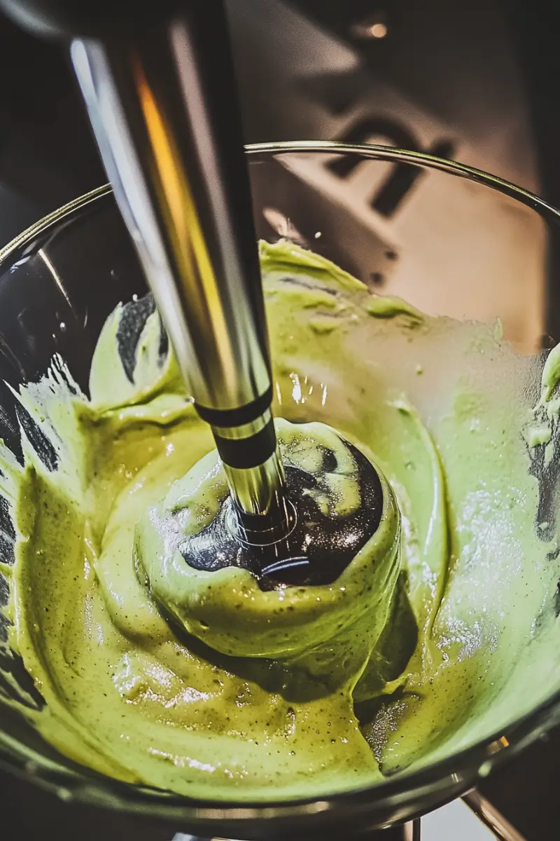 Mixing pistachio buttercream frosting with an electric mixer