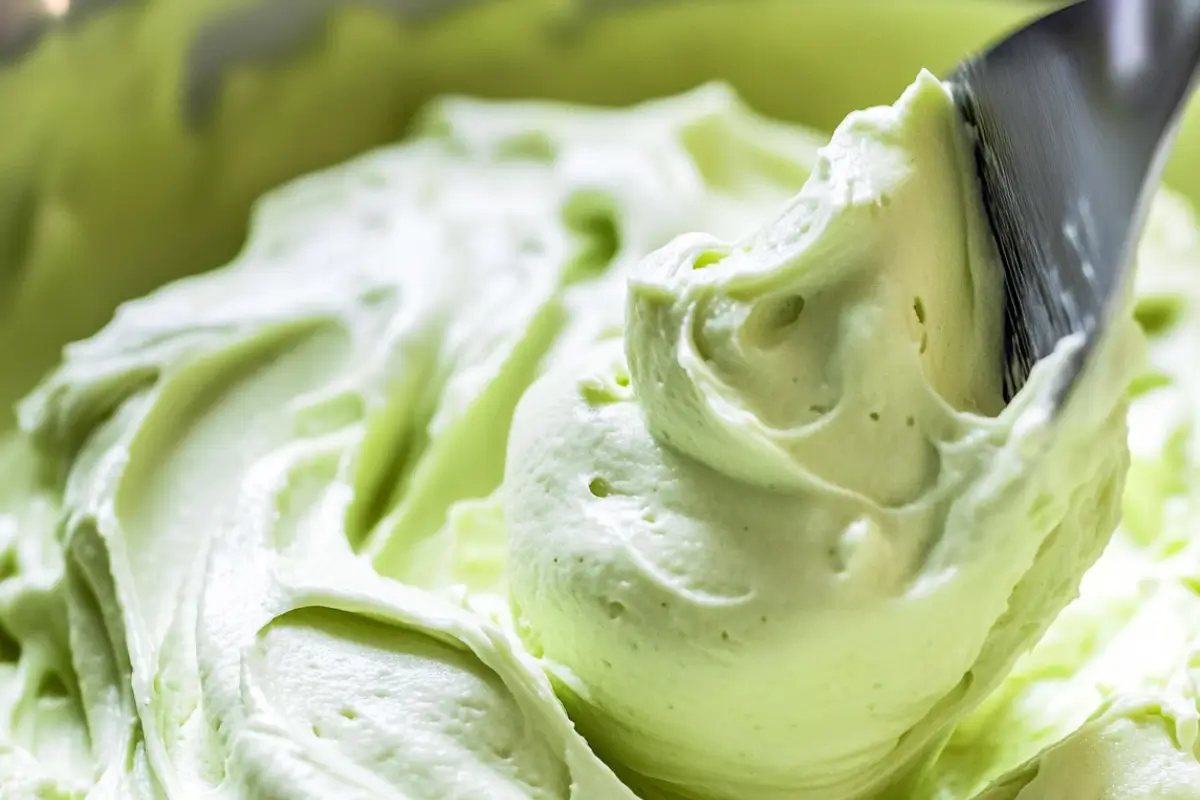 Pistachio buttercream frosting in a bowl with a spatula swirl