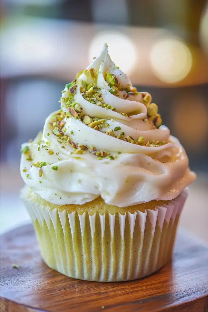 Cupcake with pistachio buttercream frosting and chopped pistachios