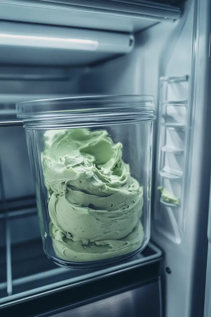 Airtight container of pistachio buttercream frosting inside a refrigerator