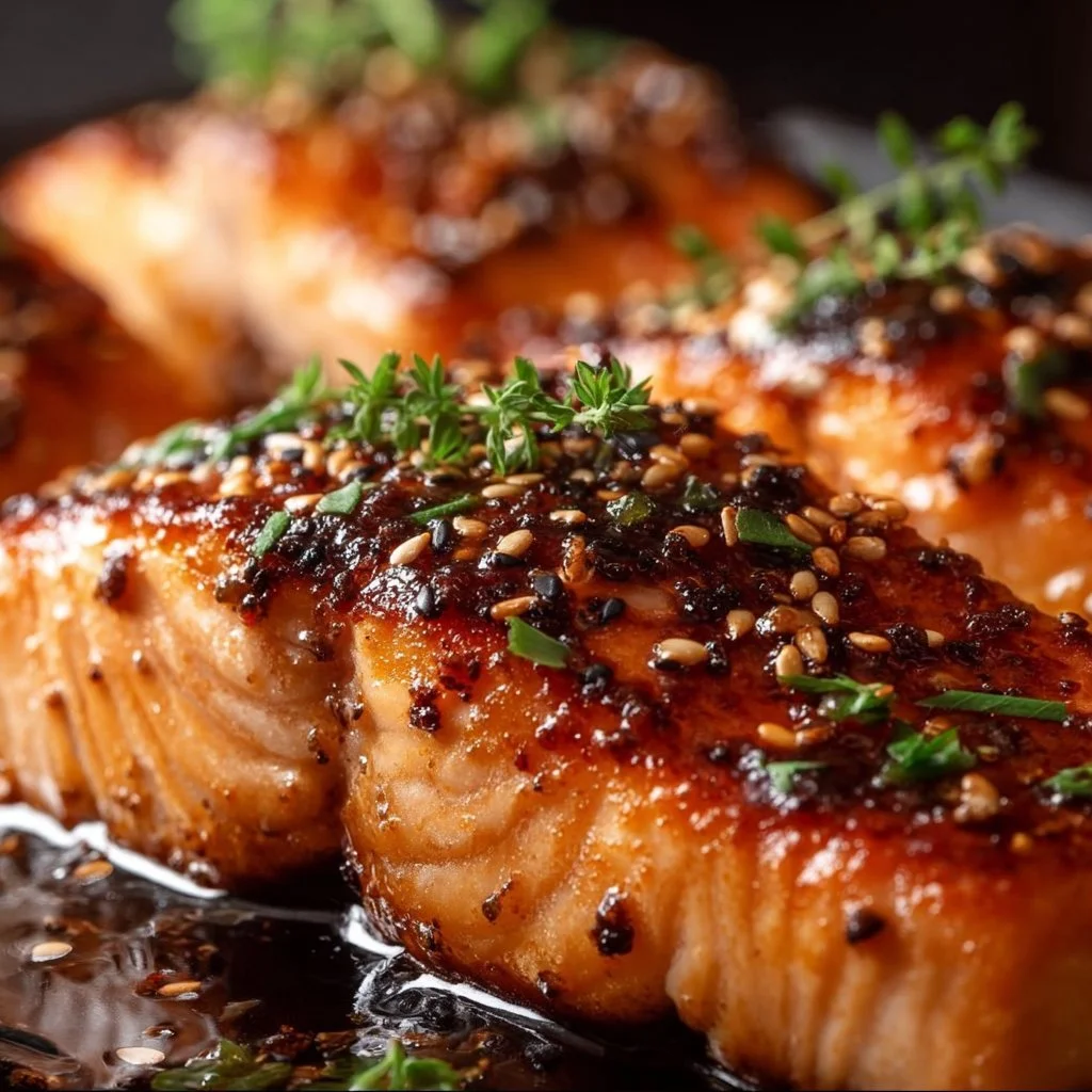 Delicious honey garlic glazed salmon on a plate with fresh herbs