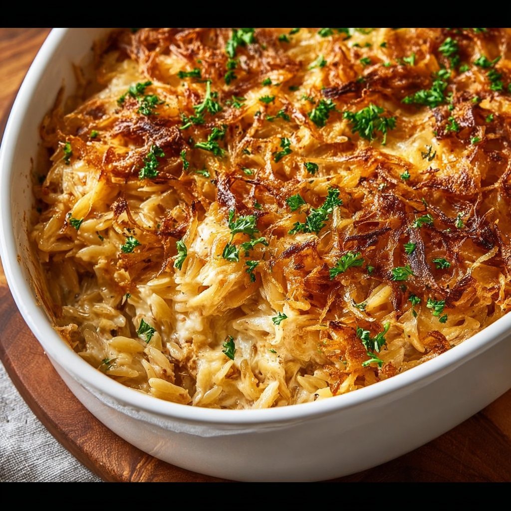 French Onion Chicken Orzo Casserole