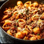 Bowl of Bolognese sauce with pasta shells, garnished with herbs.