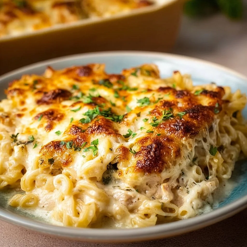 Creamy Alfredo Bake with pasta and cheese, a comforting dinner dish