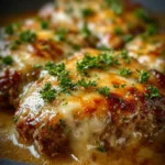 Amish Hamburger Steak Bake topped with savory gravy and vegetables