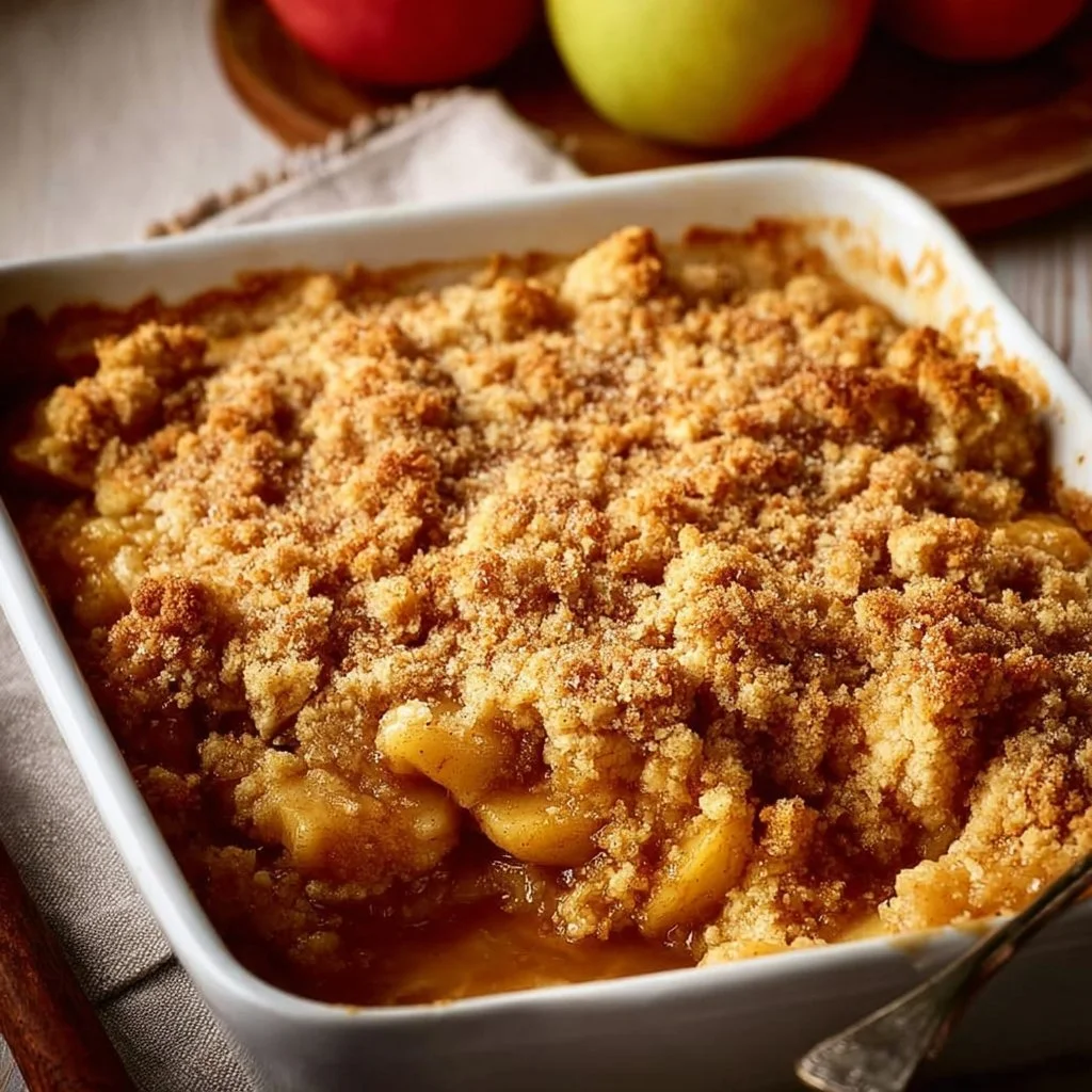 Delicious baked apple crumble with a golden oat topping and fresh apples