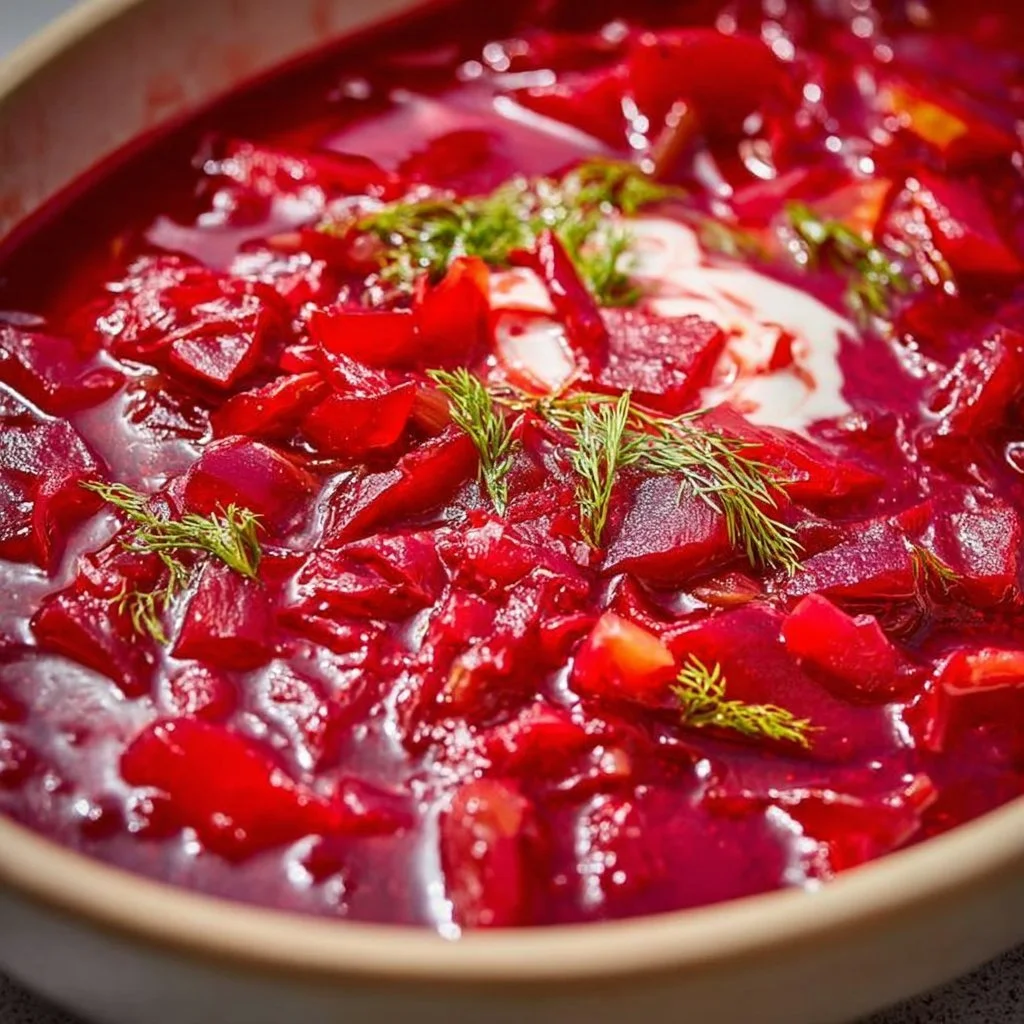 Bowl of vibrant Cabbage Borscht garnished with herbs