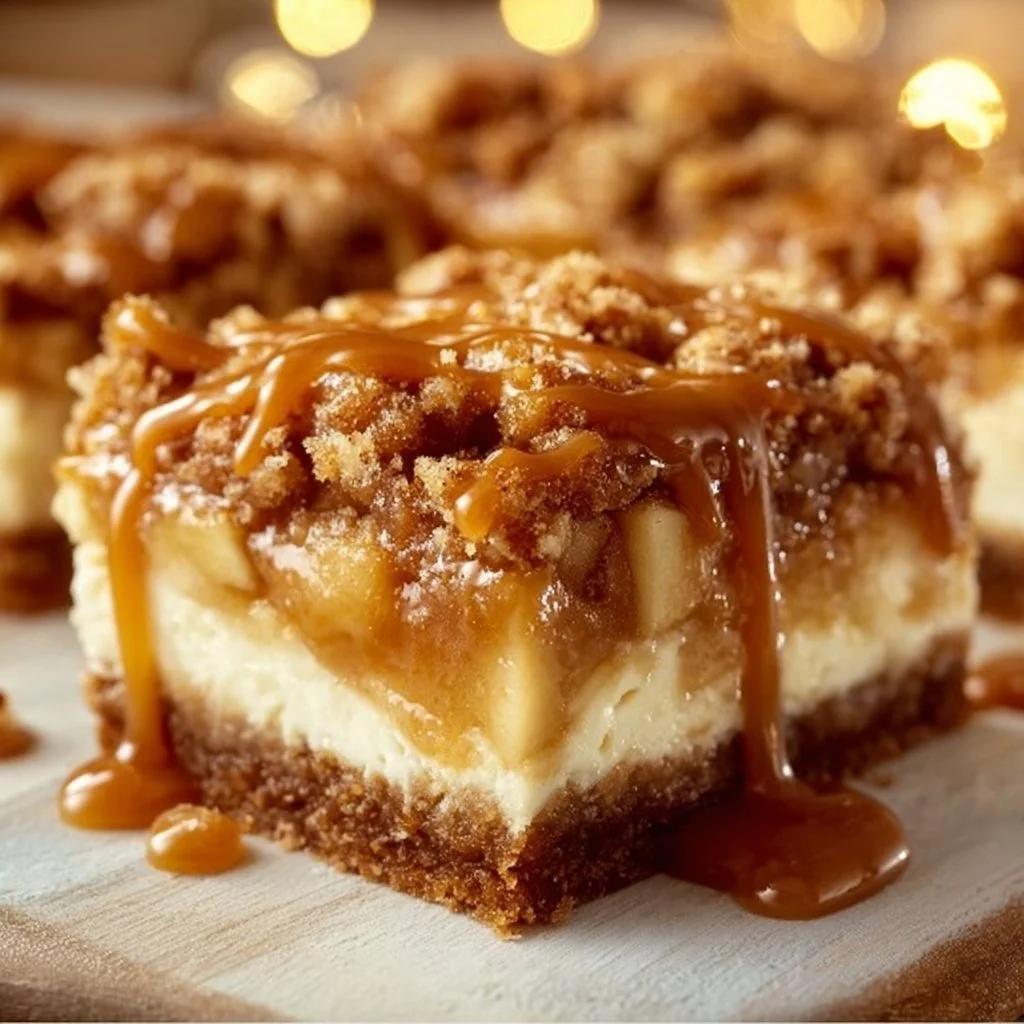 Caramel apple cheesecake bars topped with caramel drizzle and apple slices