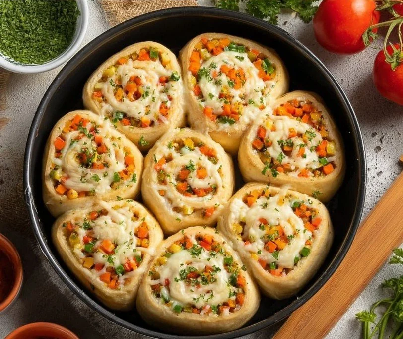Cheesy baked vegetable rolls with fresh veggies and melted cheese