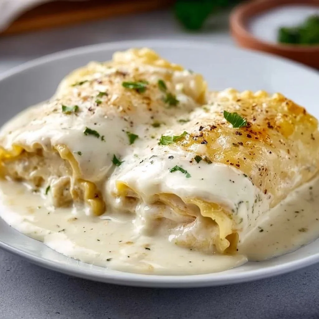 Cheesy Chicken Alfredo Lasagna Rolls on a plate