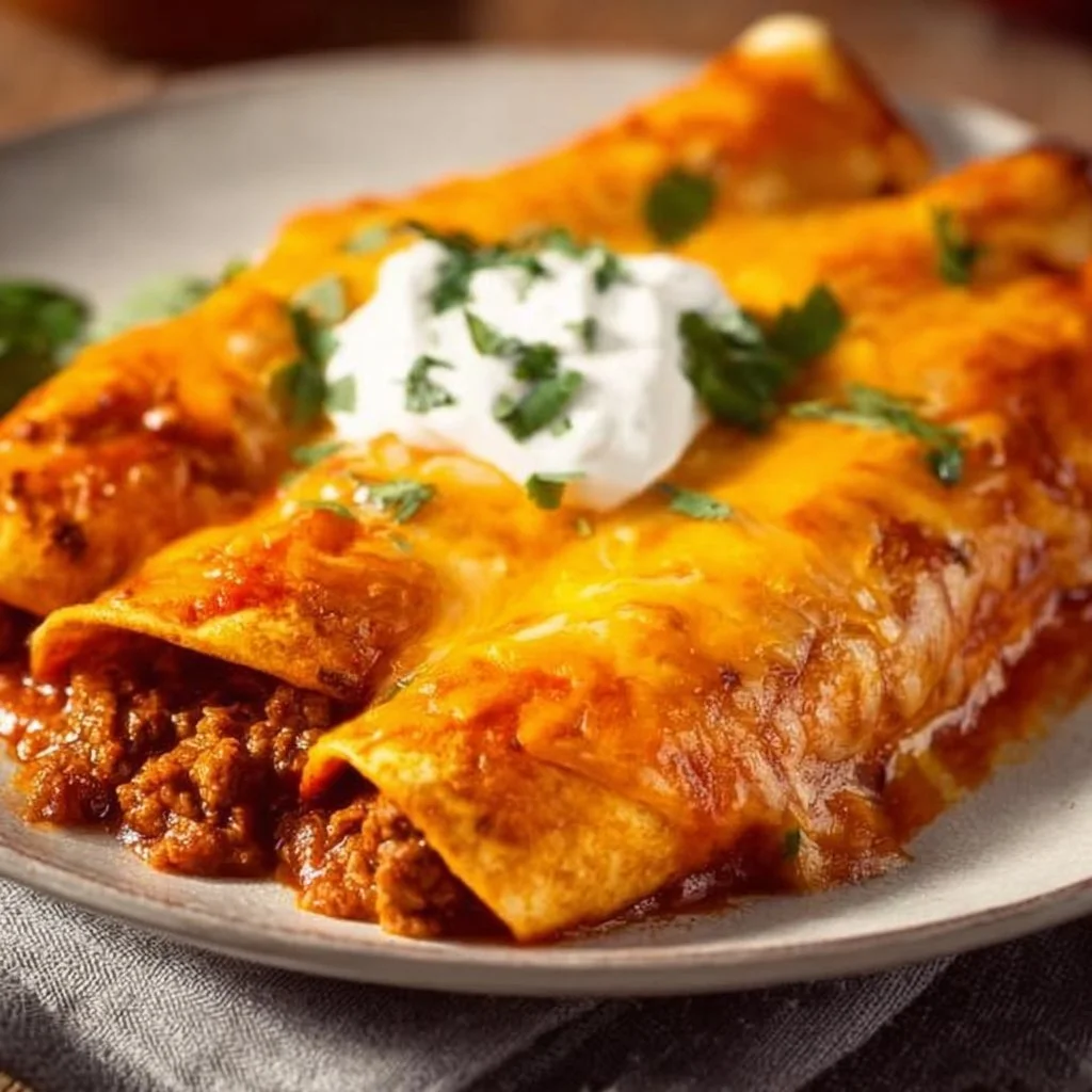 Cheesy ground beef enchiladas topped with cheese and herbs