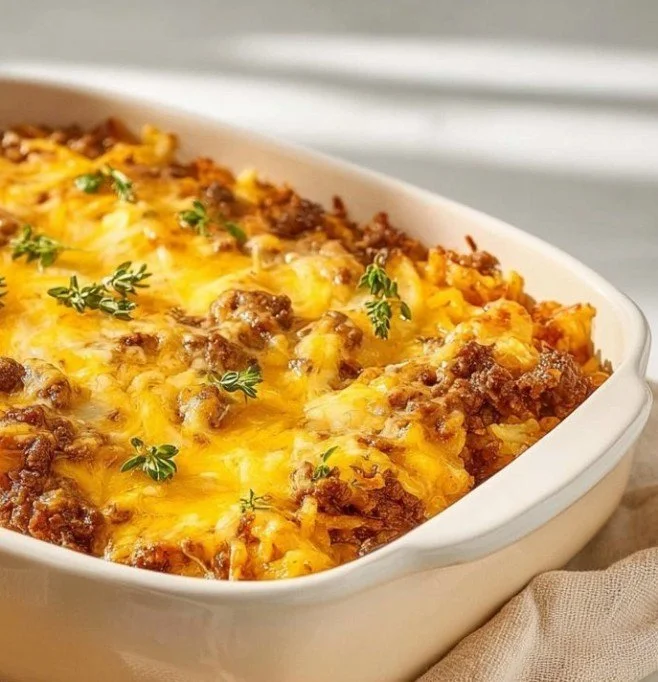 Delicious cheesy ground beef hash brown casserole ready to serve.