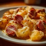 Cheesy Ranch Potatoes and Smoked Sausage served in a bowl with garnishes.