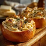 Chicken Alfredo served in garlic bread bowls topped with parsley.