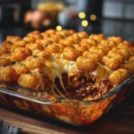 Delicious Chili Cheese Tater Tot Casserole topped with melted cheese