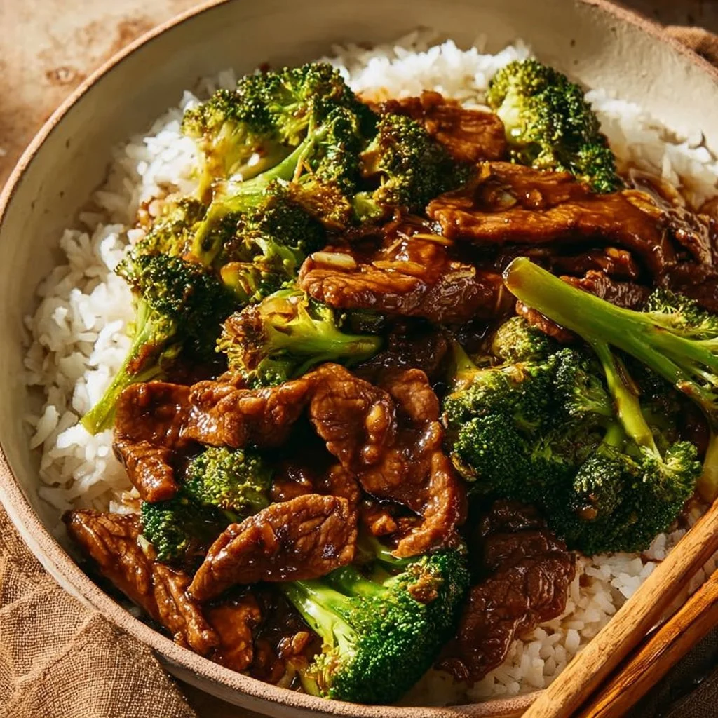 Plate of Chinese Beef and Broccoli with tender beef and fresh broccoli