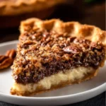 Slice of Chocolate Coconut Pecan Cream Pie topped with whipped cream and pecans
