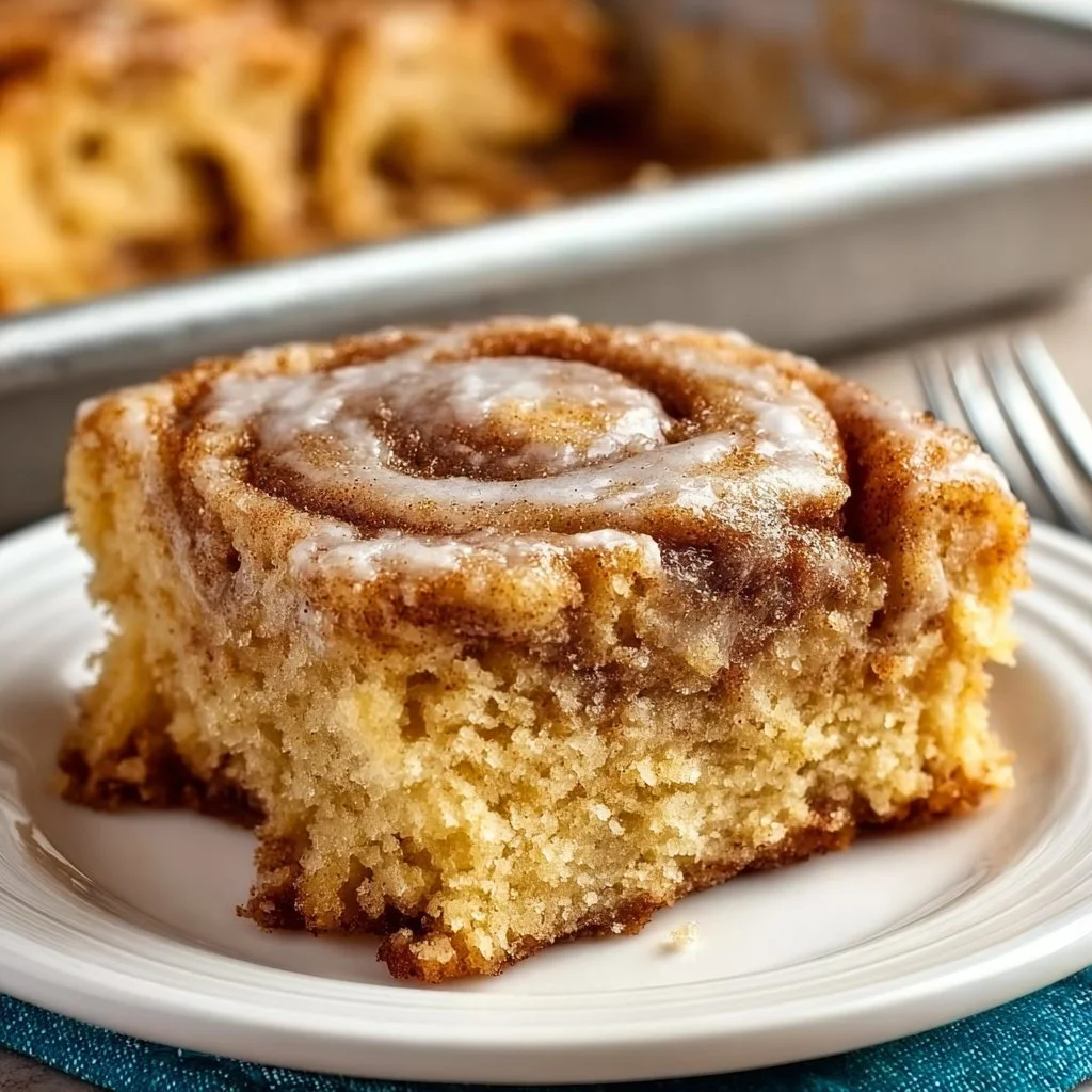 Deliciously moist cinnamon roll cake topped with icing and cinnamon sugar