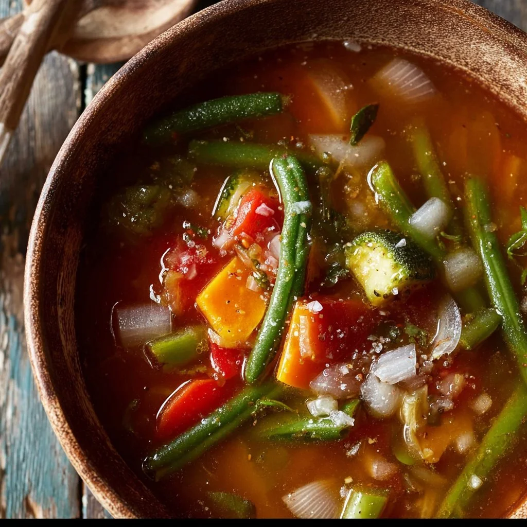 Bowl of classic vegetable soup made with pink salt and fresh vegetables