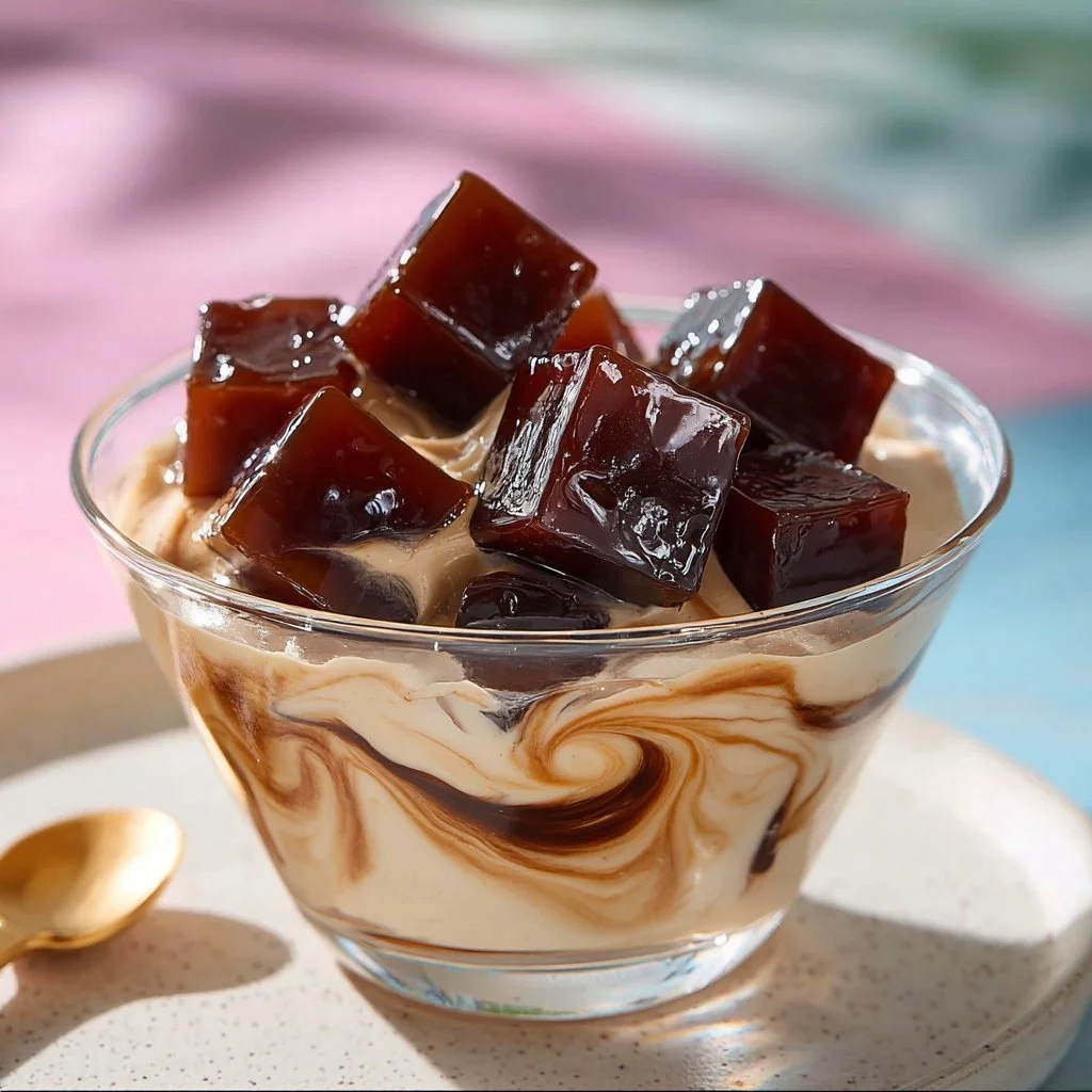 Delicious coffee jelly dessert served in a glass bowl with coffee beans