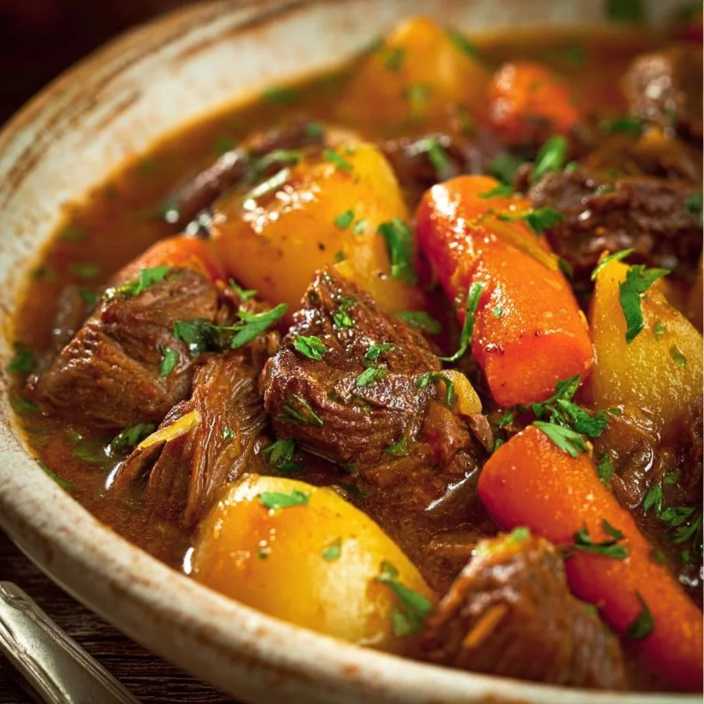 Delicious bowl of Irish Beef Stew garnished with fresh herbs