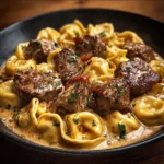 Cracked garlic steak tortellini served in a creamy white sauce
