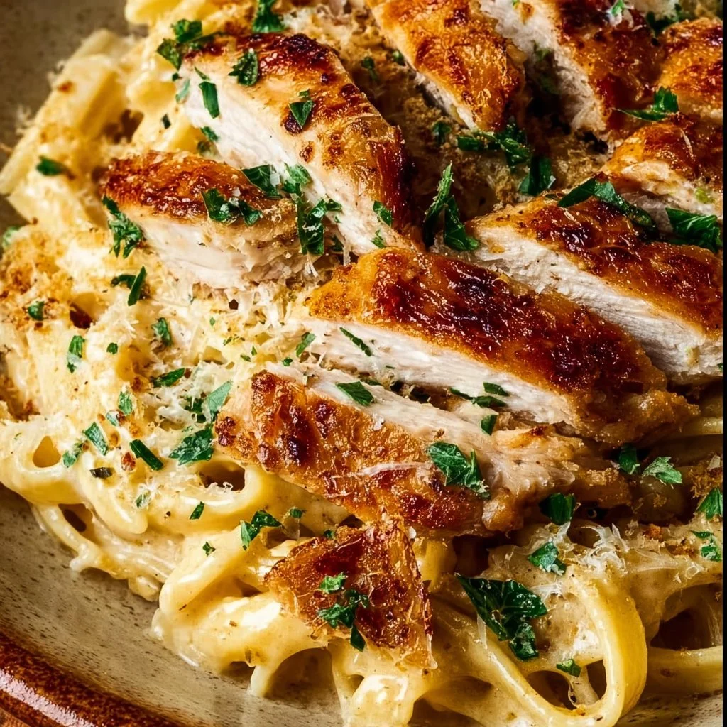 Creamy garlic chicken pasta served in a bowl with herbs and parmesan cheese