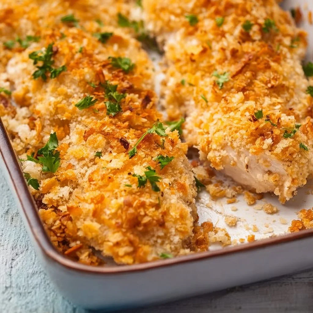 Creamy Ritz Cracker Chicken casserole served in a baking dish