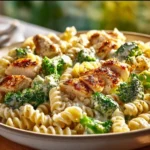 Creamy rotisserie chicken broccoli pasta dish served in a bowl