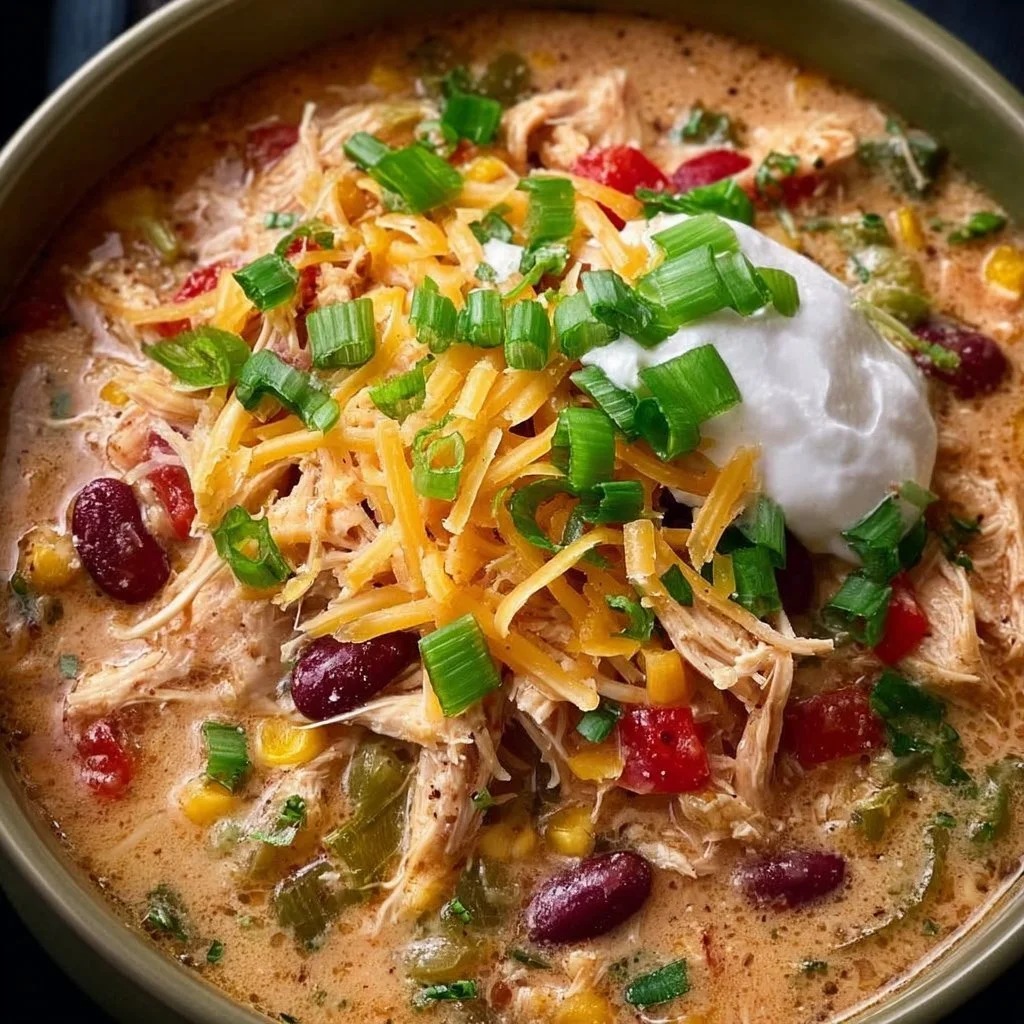 Crockpot cream cheese chicken chili garnished with fresh herbs.