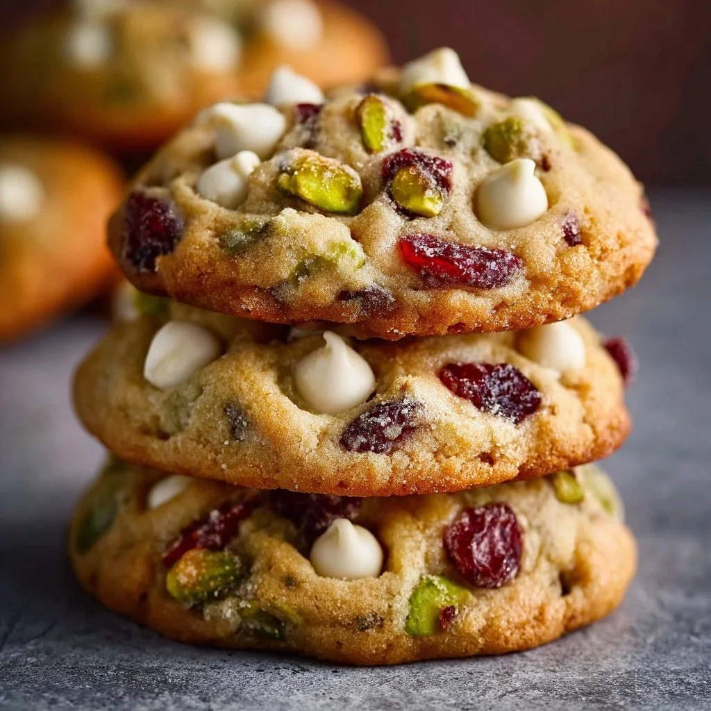 Delicious white chocolate cranberry pistachio cookies on a plate