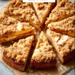 Slices of easy apple crumble cake topped with a delicious crumble crust
