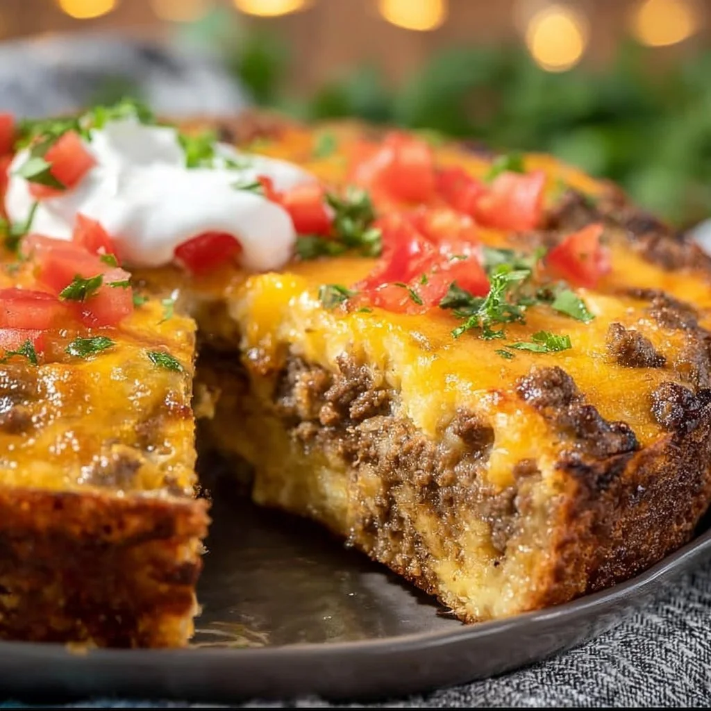 Delicious Easy Taco Pie fresh out of the oven, served with toppings.