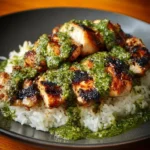 Flavor-packed Peruvian chicken with Aji Verde and cilantro rice on a plate