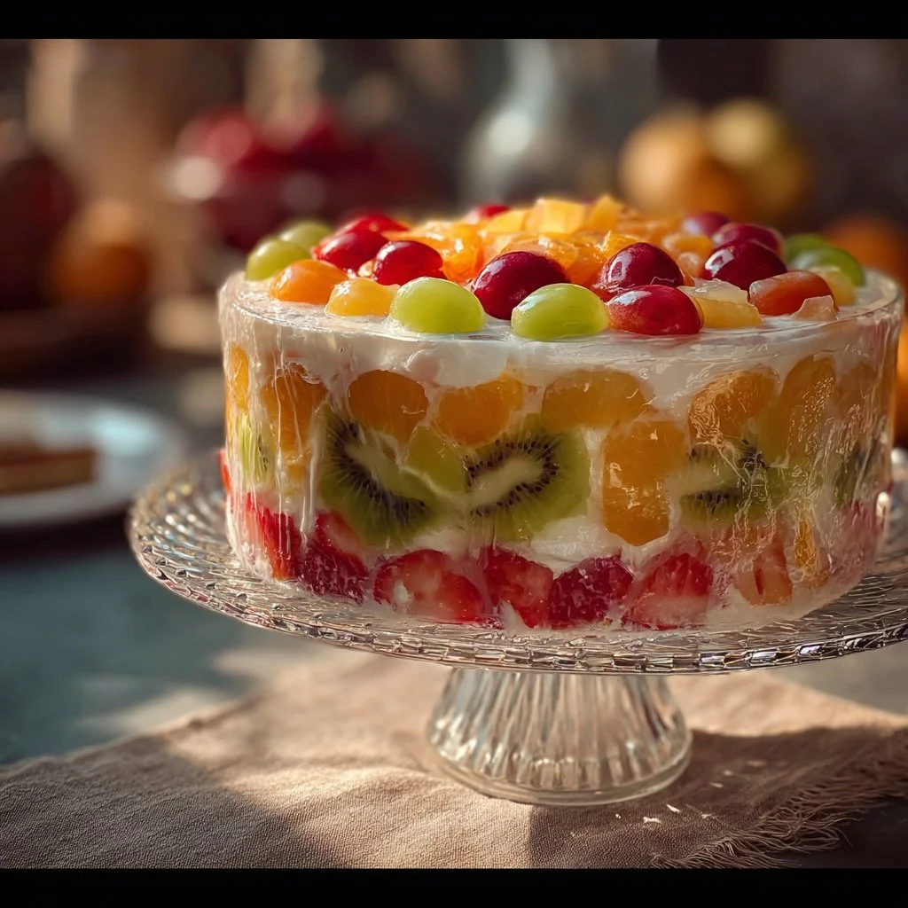 Delicious flavored jello salad with vibrant colors and fruit toppings.