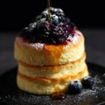 Fluffy Japanese soufflé pancakes stacked on a plate with syrup and berries