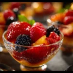 Colorful fruit juice gelatin served in a glass bowl with fresh fruit slices.