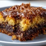 Delicious German Chocolate Dump Cake topped with coconut and pecan frosting