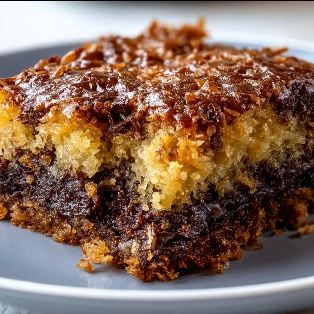 Delicious German Chocolate Dump Cake topped with coconut and pecan frosting