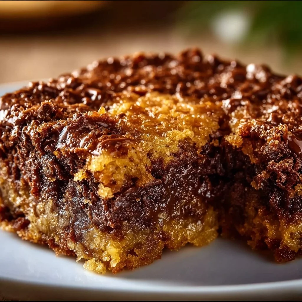 Delicious slice of German Chocolate Dump Cake topped with coconut icing.