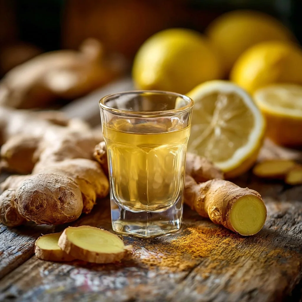 Healthy ginger lemon shot for immunity boost and detox benefits.