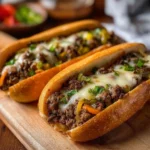 Ground Beef Philly Cheesesteaks with melted cheese and sautéed onions
