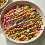 Healthy egg roll bowl featuring colorful coleslaw mix for a nutritious meal