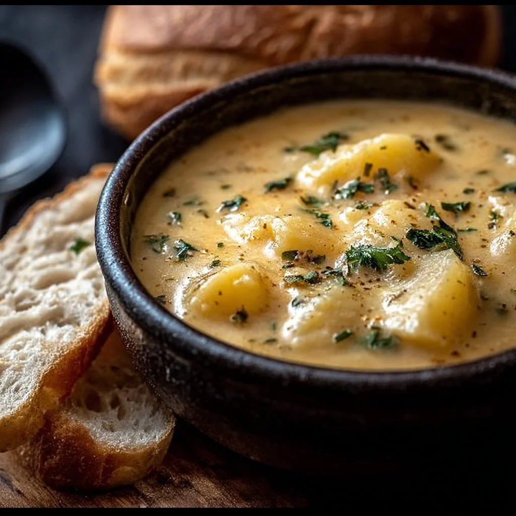 A bowl of hearty cheddar garlic herb potato soup garnished with fresh herbs.