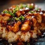 Plate of Honey BBQ Chicken served over rice with garnished vegetables