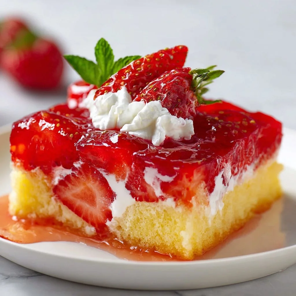 Colorful layered Jello Cake garnished with whipped cream and fruit