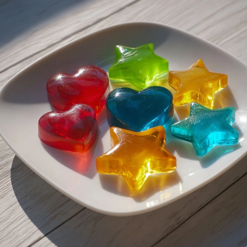 Colorful Jello Jigglers arranged on a platter for a party snack