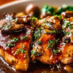 Juicy chicken with Madeira sauce garnished and ready to serve