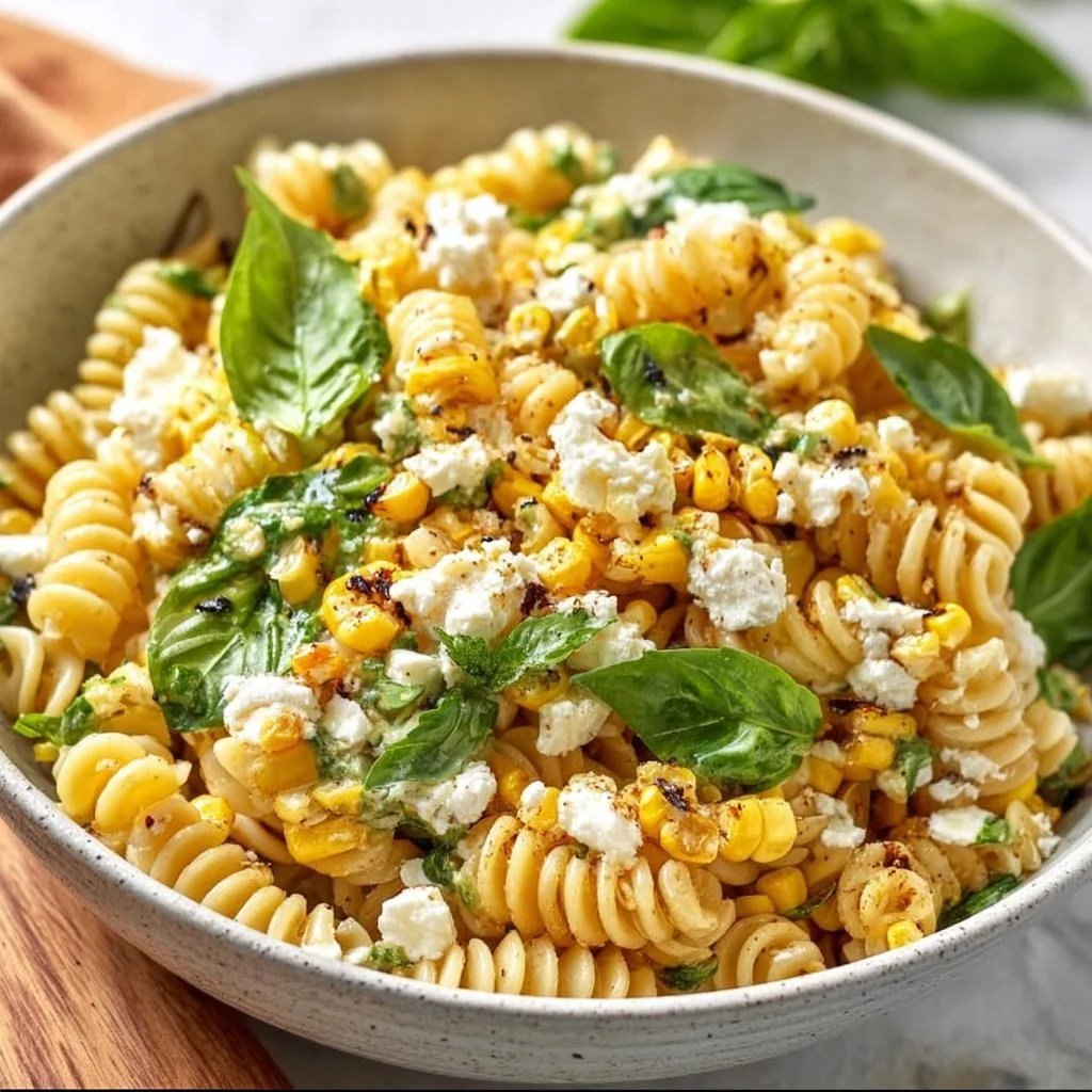 Juicy Street Corn Pasta Salad in a bowl with fresh herbs and dressing