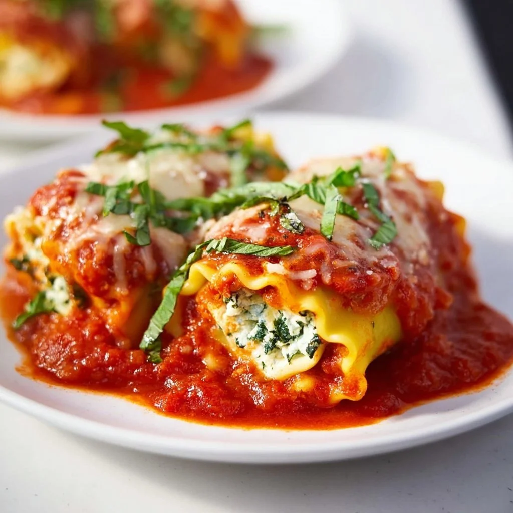 Baked lasagna roll-ups filled with cheese and herbs, topped with marinara sauce.
